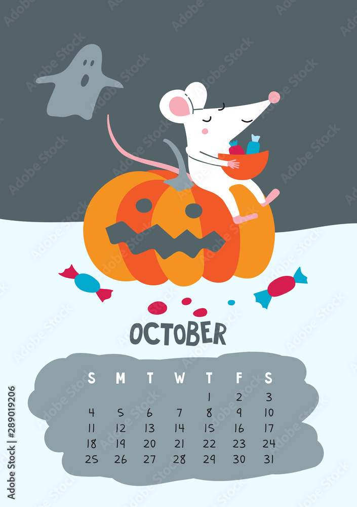 October. Vector calendar page with cute rat celebrate Halloween October. Vector calendar page with cute rat celebrate Halloween