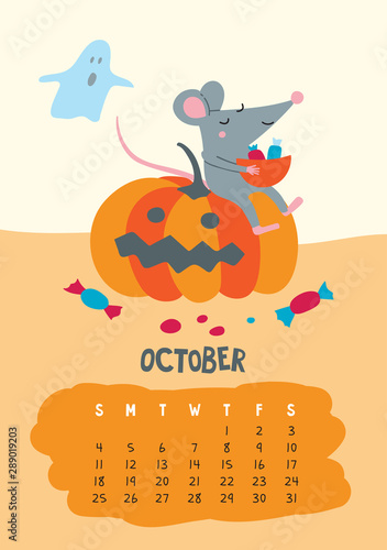 October. Vector calendar page with cute rat celebrate Halloween