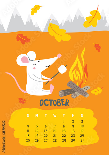 October. Vector calendar page with cute rat with marshmallow