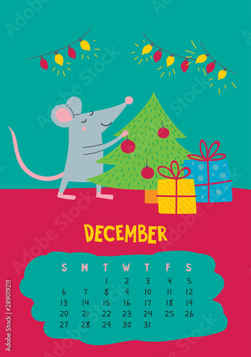 December. Vector calendar page with cute Christmas rat