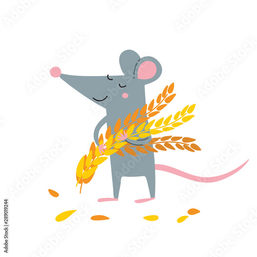 Vector illustration of cute rat with wheat grains harvest.