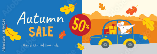 Vector sale banner decorated with autumn oak leaves with cute rat