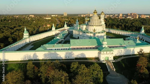 Aerial view  of the Voskresensky New Jerusalem stauropegial monastery in town Istra. Moscow region. Russia. Copter video