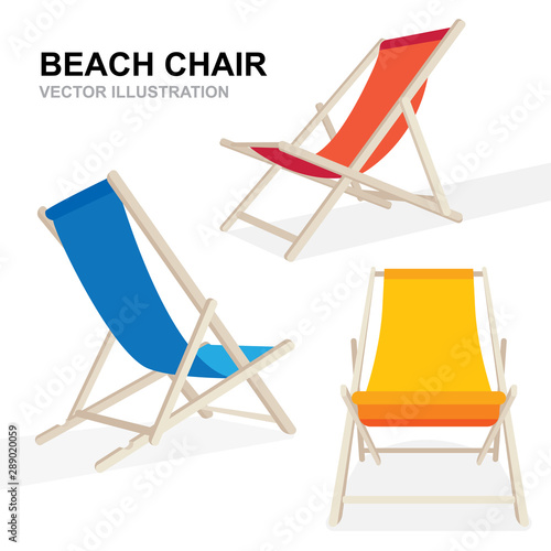 Beach chairs in front, side and back views. Deck chairs isometric icon. Part of set.