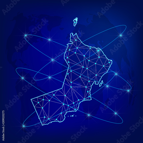 Global logistics network concept. Communications network map Oman on the world background. Map of Oman with nodes in polygonal style. Vector illustration EPS10. 