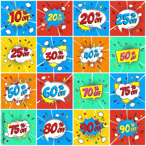Comic lettering percents off SALE in the speech bubble comic style flat design set. Retro vintage pop art illustration isolated on rays background. Exclamation sticker or label store or shop.
