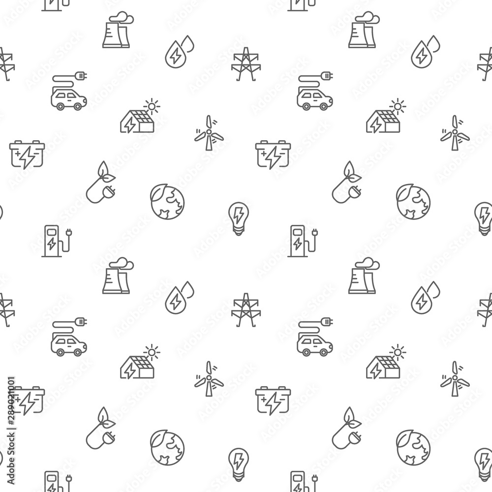 Seamless pattern energy and ecology icon on white background. Included the icons as solar panels,  bulb, green energy, wind turbine, battery And Other Elements.