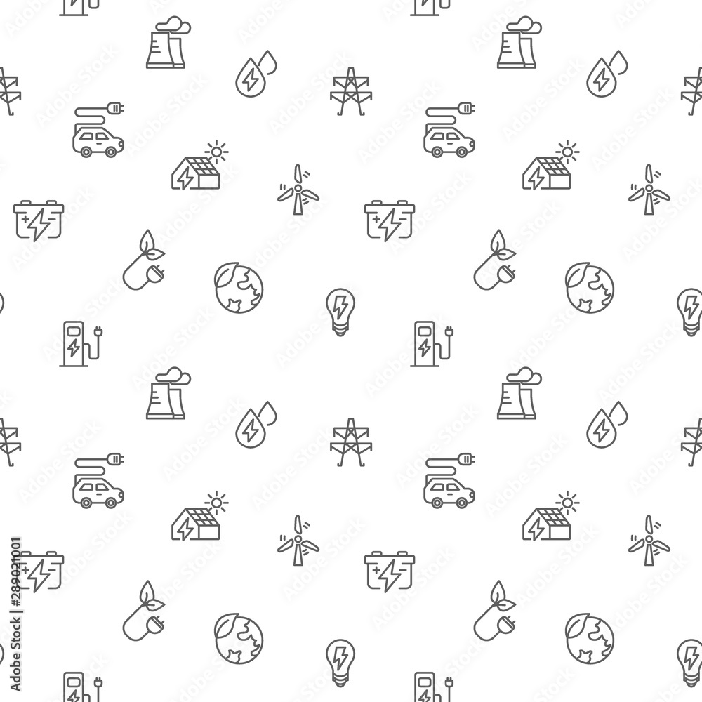 Seamless pattern energy and ecology icon on white background. Included the icons as solar panels, bulb, green energy, wind turbine, battery And Other Elements. Seamless pattern energy and ecology icon on white background. Included the icons as solar panels, bulb, green energy, wind turbine, battery And Other Elements.