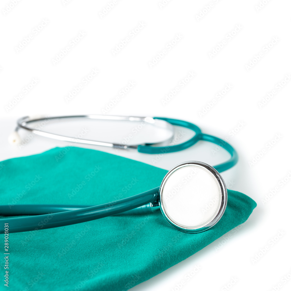Stethoscope on green cloth in operating room , Stethoscope Concept of medicine and diagnostics. Stethoscope on green cloth in operating room , Stethoscope Concept of medicine and diagnostics.