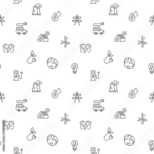 Seamless pattern energy and ecology icon on white background. Included the icons as solar panels, bulb, green energy, wind turbine, battery And Other Elements.