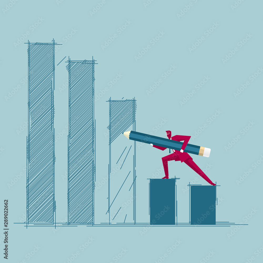 Fotografie Businessman draws chart. Isolated on blue background.