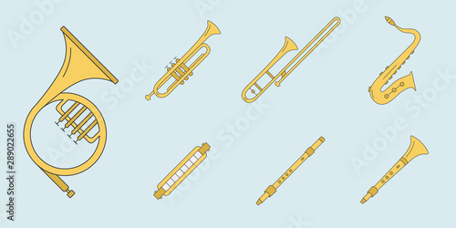 Music instruments Icons set - Vector color symbols of wind instruments, saxophone, sax, tube, mouth organ and flute for the site or interface