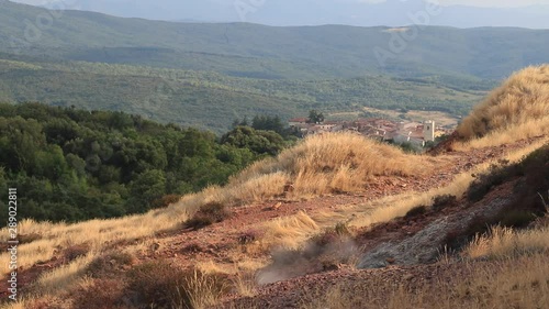 Volcanic fumaroles in the geothermal field. Geothermal energy in Tuscany on the metalliferous hills near Larderello.