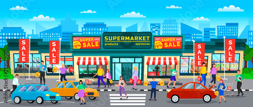 People buying stuff at stores vector, shopping center at street. Transport cars and happy customers with goods and stuff bought in shops Big final sale in big supermarket. Black friday. Flat cartoon