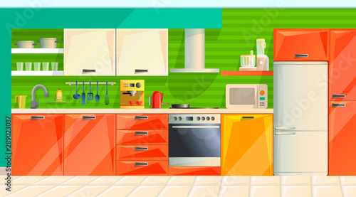 Kitchen interior with clean sink with kitchenware furniture and utensils. Washing dishes kitchen sink with clean dish and accessories in the dining room, order and comfort cartoon vector illustration.
