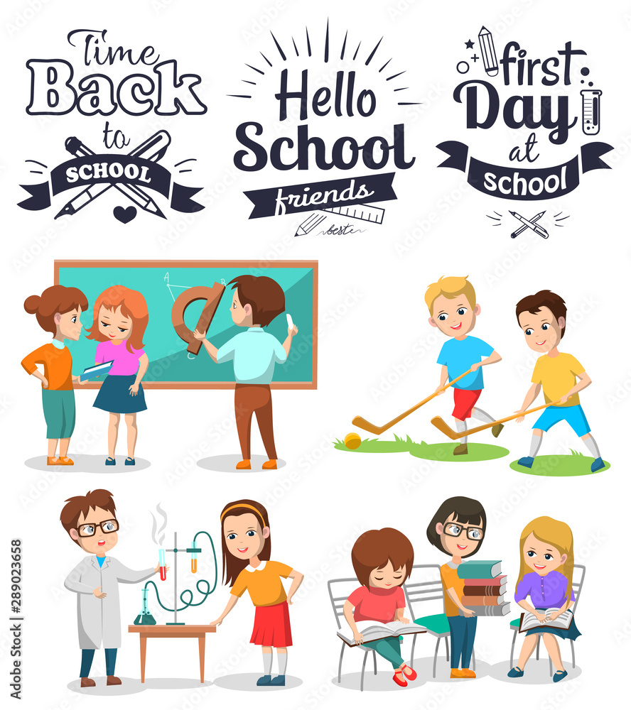 Time to back, first day at school, hello friends poster. Girl and ...