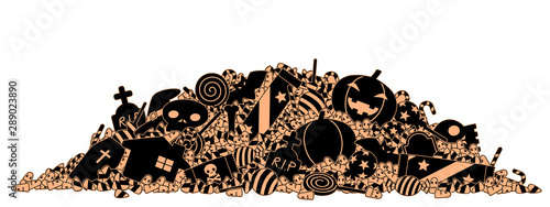 Pile of Halloween candy and the bucket on white background