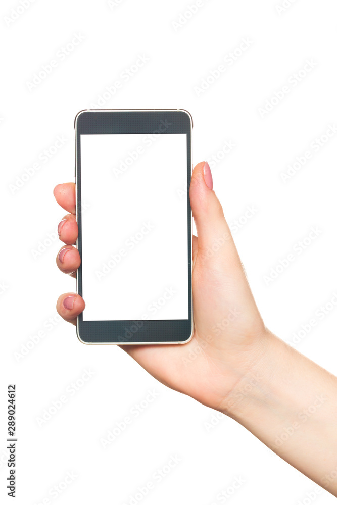 Woman holding black modern smart phone with isolated screen for app or web site presentation