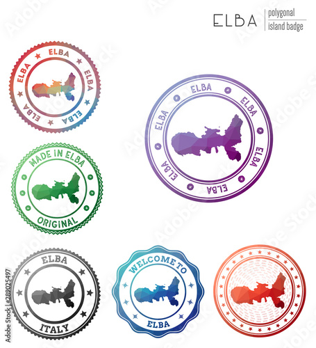 Elba badge. Colorful polygonal island symbol. Multicolored geometric Elba logos set. Vector illustration.