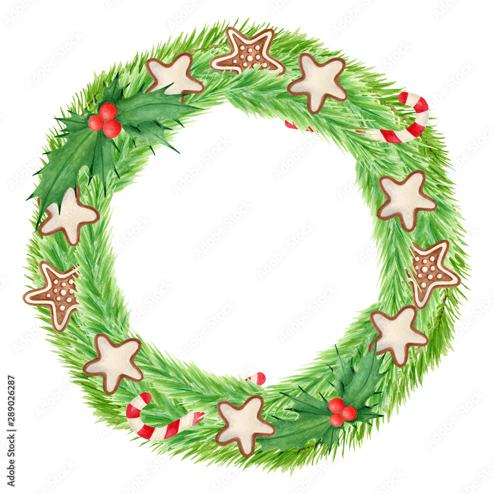 Watercolor colorful Christmas wreath with spruce branches, holly leaves and berries, gingerbread stars and candy cane. Hand drawn door decoration isolated on white background. Round frame design.
