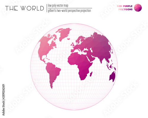 Polygonal world map. Gilbert s two-world perspective projection of the world. Red Purple colored polygons. Contemporary vector illustration.