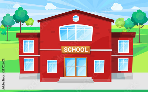 Fototapeta Naklejka Na Ścianę i Meble -  Big school with green territory schoolyard for outdoor lessons and playing games. Red building for primary and secondary education, study for children vector. Back to school concept. Flat cartoon