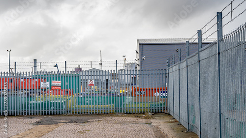 Great Yarmouth, Norfolk, UK – September 08 2019. Metal security fence around the perimeter of an industrial unit in the Southtown Road region of Great Yarmouth