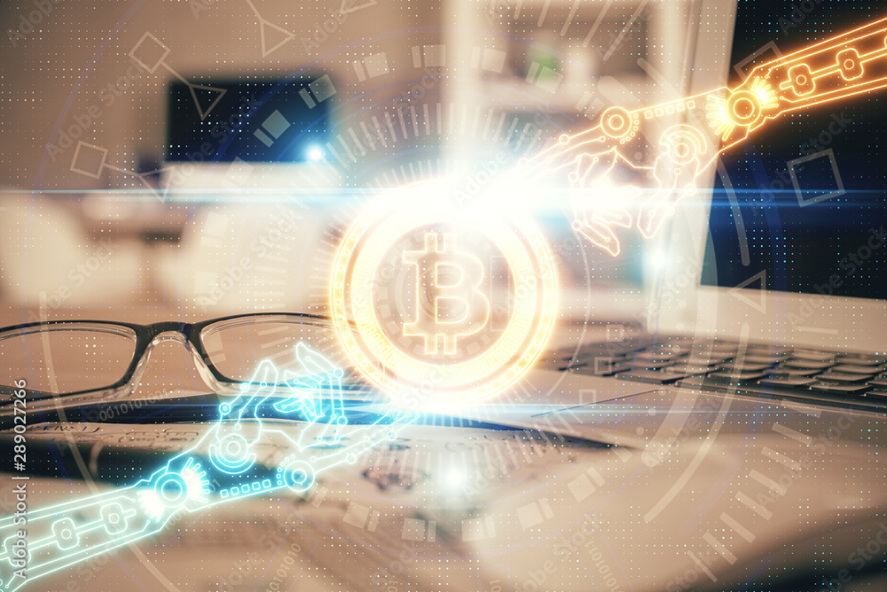 Crypto theme hologram with glasses on the table background. Concept of blockchain. Double exposure. Crypto theme hologram with glasses on the table background. Concept of blockchain. Double exposure.