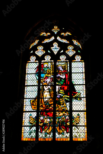 A detailed view of stained glass windows in the church of Saint Germain in Rennes in France
