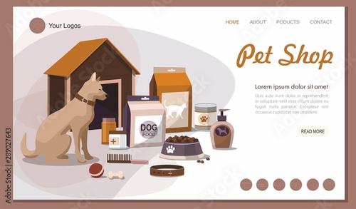 Landing page Pet shop. Pet accessories with dog .  photo