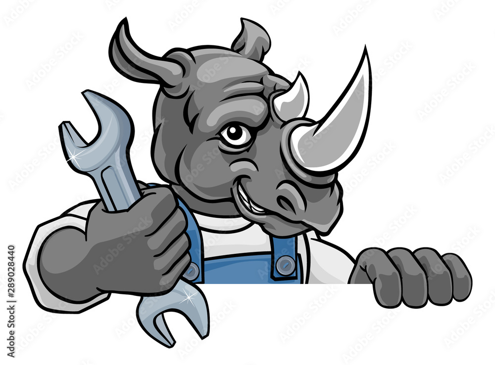 A rhino cartoon animal mascot plumber, mechanic or handyman builder construction maintenance contractor peeking around a sign holding a spanner or wrench A rhino cartoon animal mascot plumber, mechanic or handyman builder construction maintenance contractor peeking around a sign holding a spanner or wrench