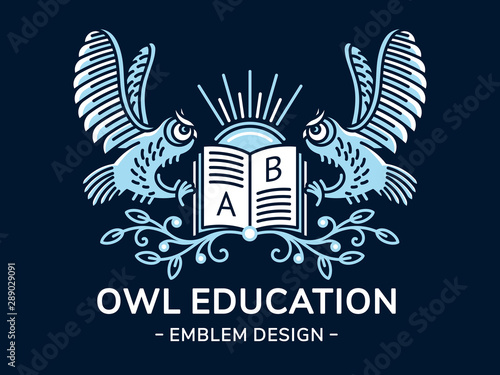 Owl and book vector emblem, illustration, logo for education, schools, universities  in linear style on a dark background