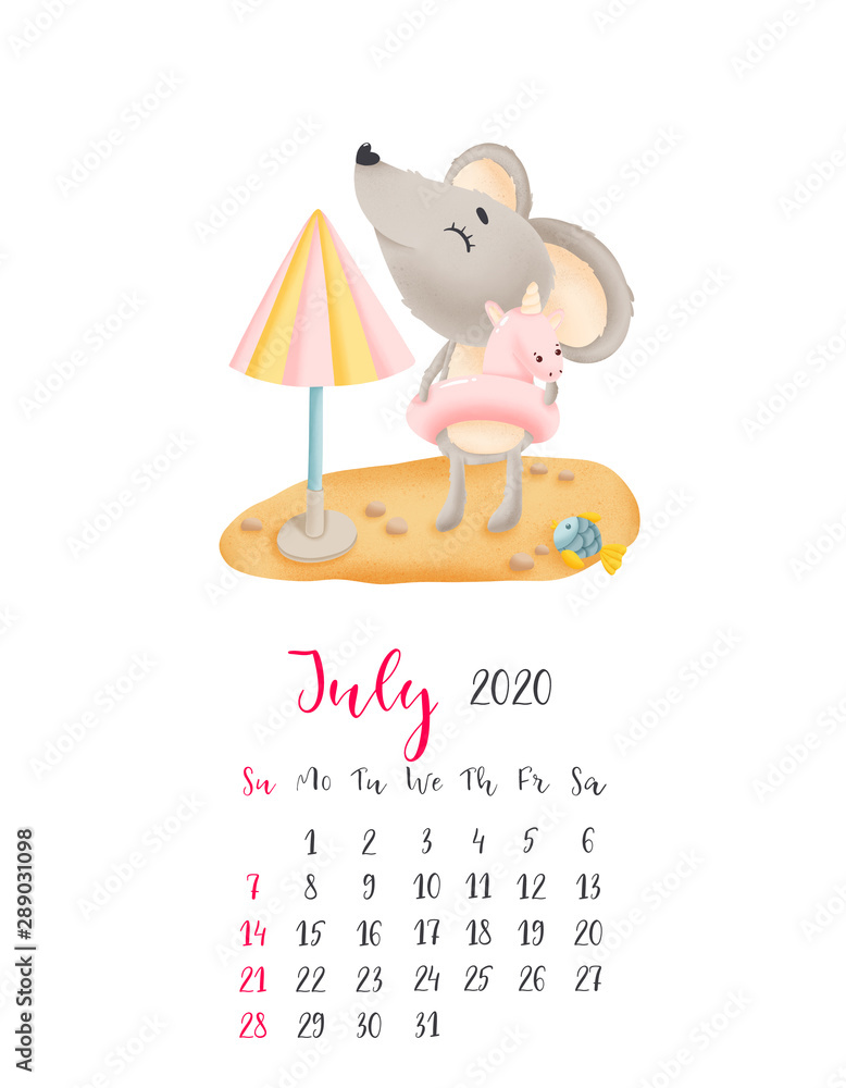 Obraz premium Calendar for July 2020 with a cute mouse in cartoon style. Isolated on a white background. Symbol of the year in the Chinese calendar.