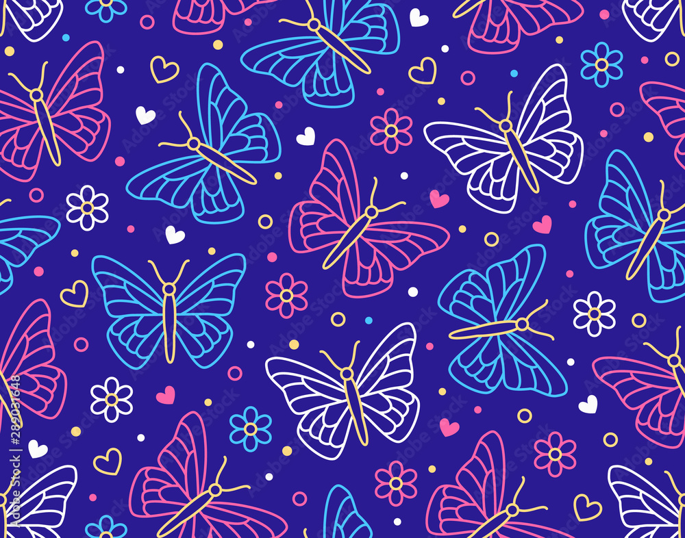 Butterfly seamless pattern. Flying insects with flowers, hearts background, cute  butterflies flat line icons for kids decor, spring wallpaper. Pink, white,  dark purple, blue color Stock Vector | Adobe Stock
