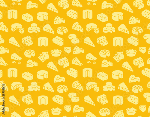 Cheese seamless pattern with silhouette icons. Vector background, illustrations of parmesan, mozzarella, yogurt, dutch, ricotta, butter, blue chees piece for dairy product store. Orange, yellow color