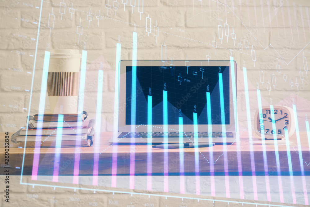 Stock market graph and table with computer background. Multi exposure. Concept of financial analysis. Stock market graph and table with computer background. Multi exposure. Concept of financial analysis.