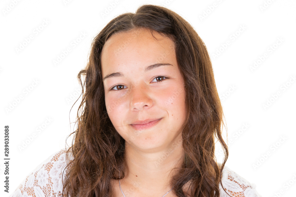 Portrait of young beautiful girl smiling looking at camera over white background Portrait of young beautiful girl smiling looking at camera over white background