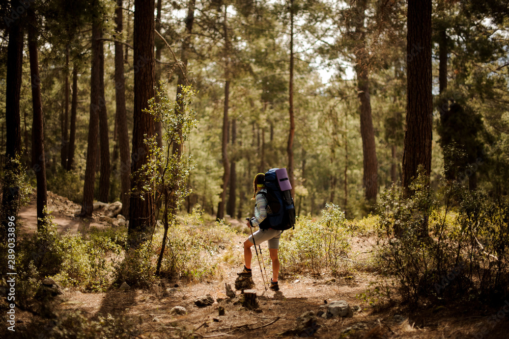 Girl in cap standing on the rock with hiking backpack and walking sticks