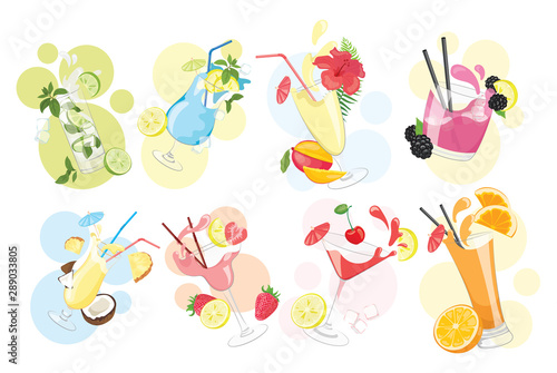 Vector set of alcoholic cocktails. Collection of stylized cooling drinks. Bar menu of summer cocktails. Fresh fruit juice.
