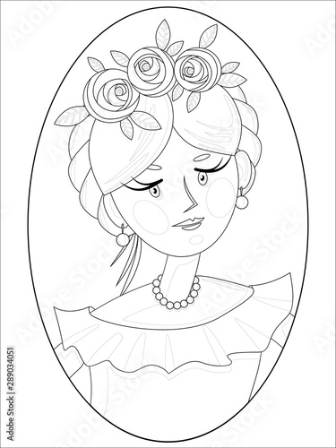 cartoon contour drawing depicting a portrait of a cute young girl in elegant decoration in the form of stylized roses, for self-coloring