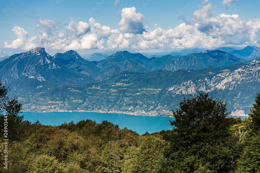 Lake Garda and Alps, aerial view from the Monte Baldo near Verona. Veneto and Lombardy region, Italy, south Europe