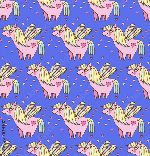Children s seamless pattern. Cute  happy pink ponies among hearts on blue background in vector. Fairy cartoon pony child. Mythical pony for children. Beautiful background for textiles  paper