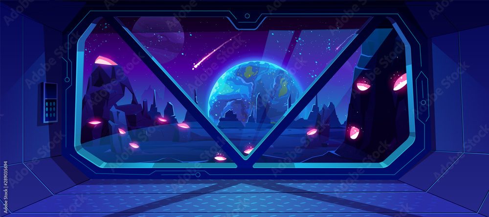 Spaceship view on Earth at night from alien planet with craters, neon space background with falling meteor in dark starry sky, fantasy landscape through shuttle window. Cartoon vector illustration Stock Vector | Spaceship view on Earth at night from alien planet with craters, neon space background with falling meteor in dark starry sky, fantasy landscape through shuttle window. Cartoon vector illustration Stock Vector |