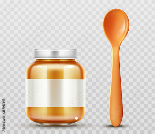 Baby food jar and plastic spoon set, glass puree bottle with cap isolated on transparent background mock up design. Blank preserve tube for child nutrition mockup. Realistic 3d vector illustration
