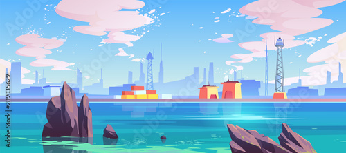 Sea port, industrial shipyard with cargo logistic containers for goods and telecommunication towers at waterfront under sun shining in cloudy sky. Marine seaside landscape Cartoon vector illustration