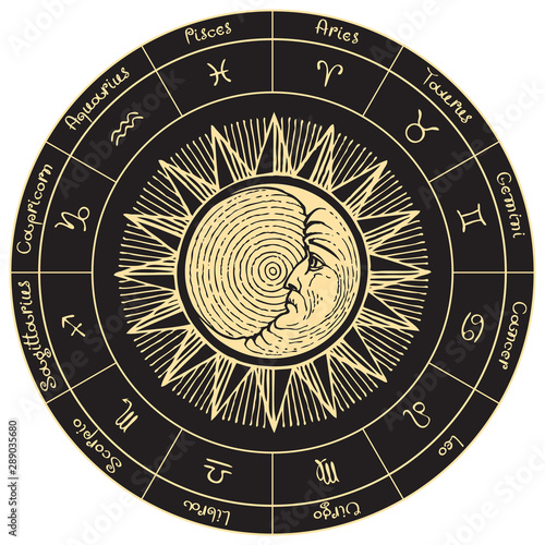 Vector circle of the Zodiac signs in retro style with icons, names, hand-drawn Sun and Moon in black and gold colors.