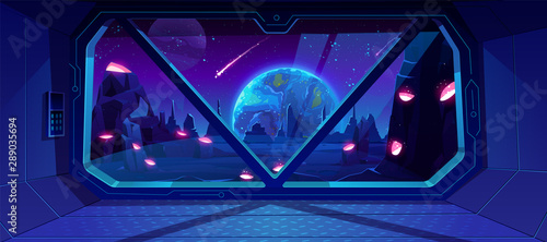 Spaceship view on Earth at night from alien planet with craters, neon space background with falling meteor in dark starry sky, fantasy landscape through shuttle window. Cartoon vector illustration