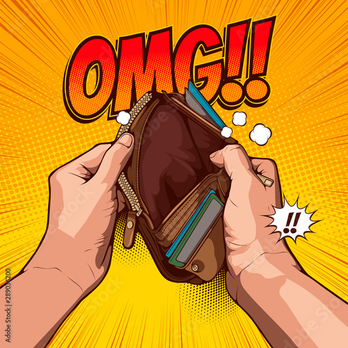 picture hand open an empty wallet on yellow background, comic cover template, speech bubbles, doodle art, Vector illustration file.