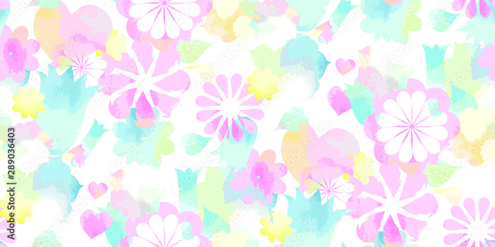 Soft watercolor floral print - seamless background. Endless pattern with pink blue yellow flowers. Vector Stylish illustration for Saint Valentine's Day, children - babies and spring design. 