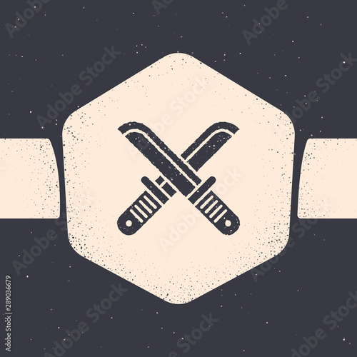 Grunge Crossed hunter knife icon isolated on grey background. Army knife. Monochrome vintage drawing. Vector Illustration